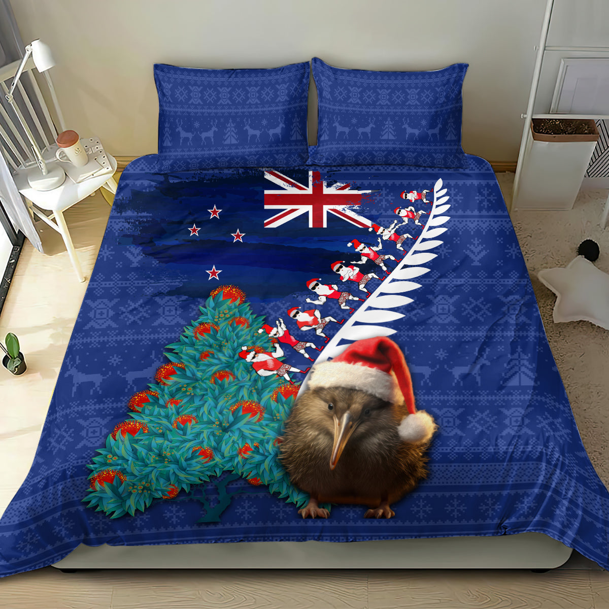 New Zealand Christmas Bedding Set Kiwi Bird Santa and Silver Fern Funny Haka Dance