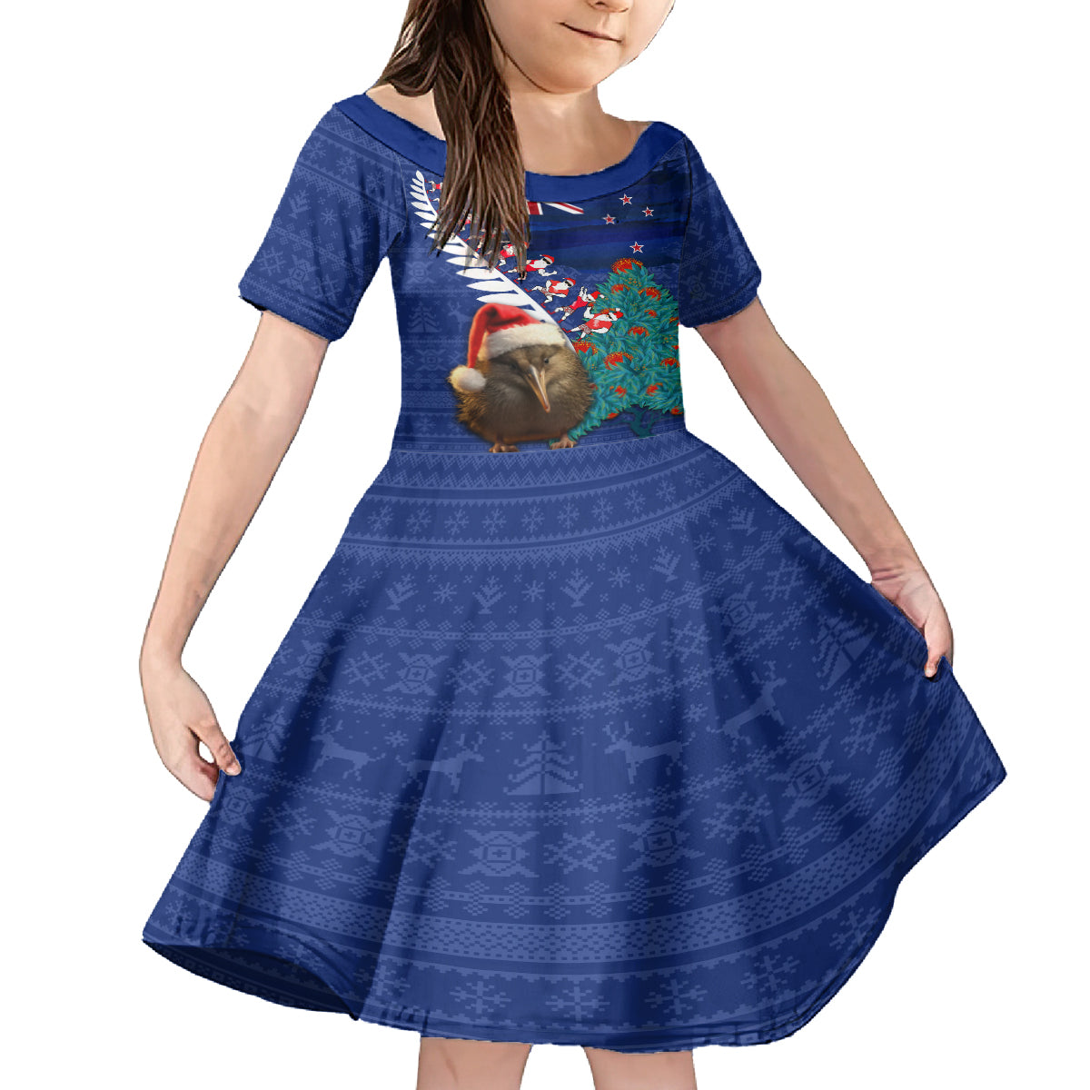 New Zealand Christmas Family Matching Off Shoulder Maxi Dress and Hawaiian Shirt Kiwi Bird Santa and Silver Fern Funny Haka Dance LT03 Daughter's Dress Blue - Polynesian Pride