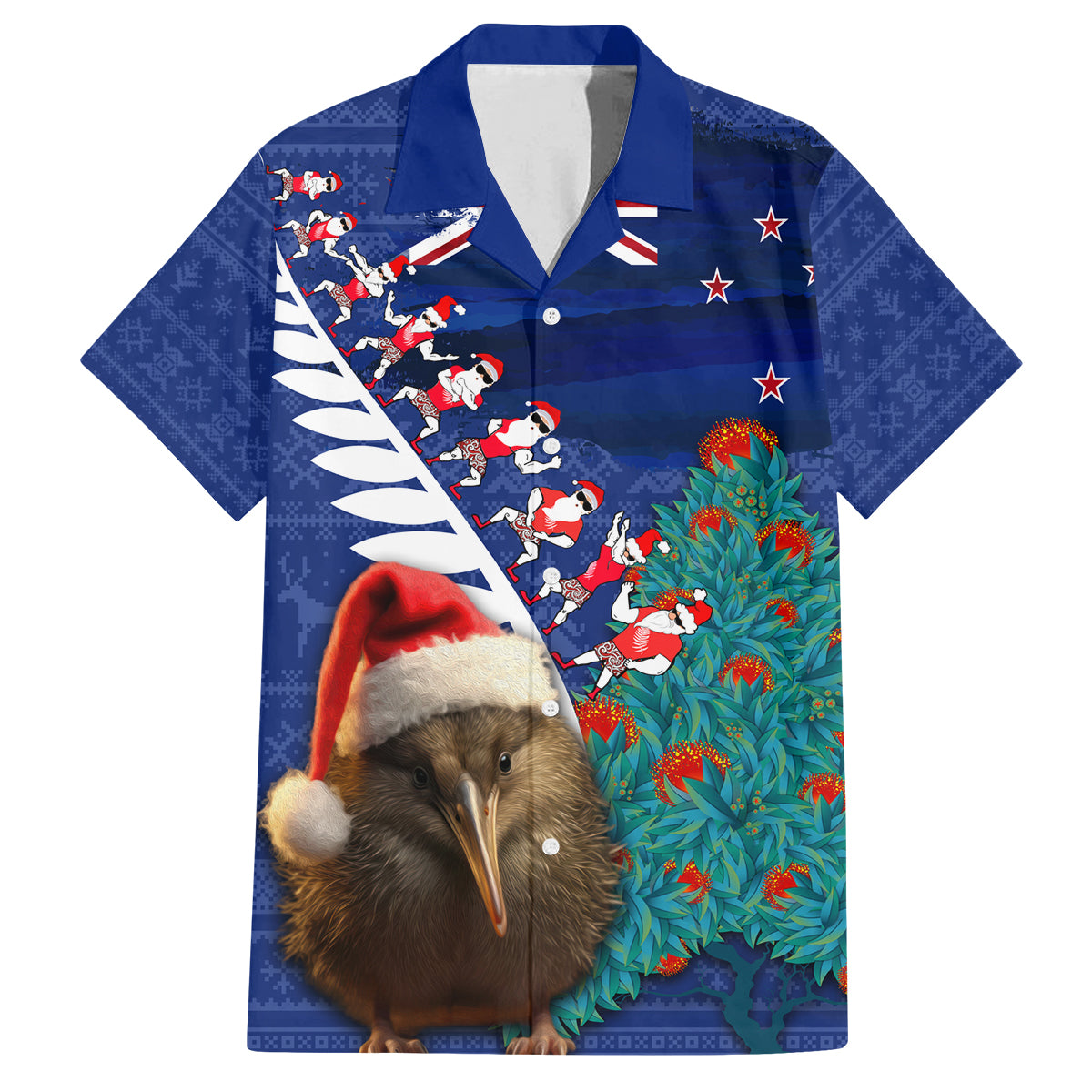 New Zealand Christmas Family Matching Off Shoulder Maxi Dress and Hawaiian Shirt Kiwi Bird Santa and Silver Fern Funny Haka Dance LT03 Dad's Shirt - Short Sleeve Blue - Polynesian Pride