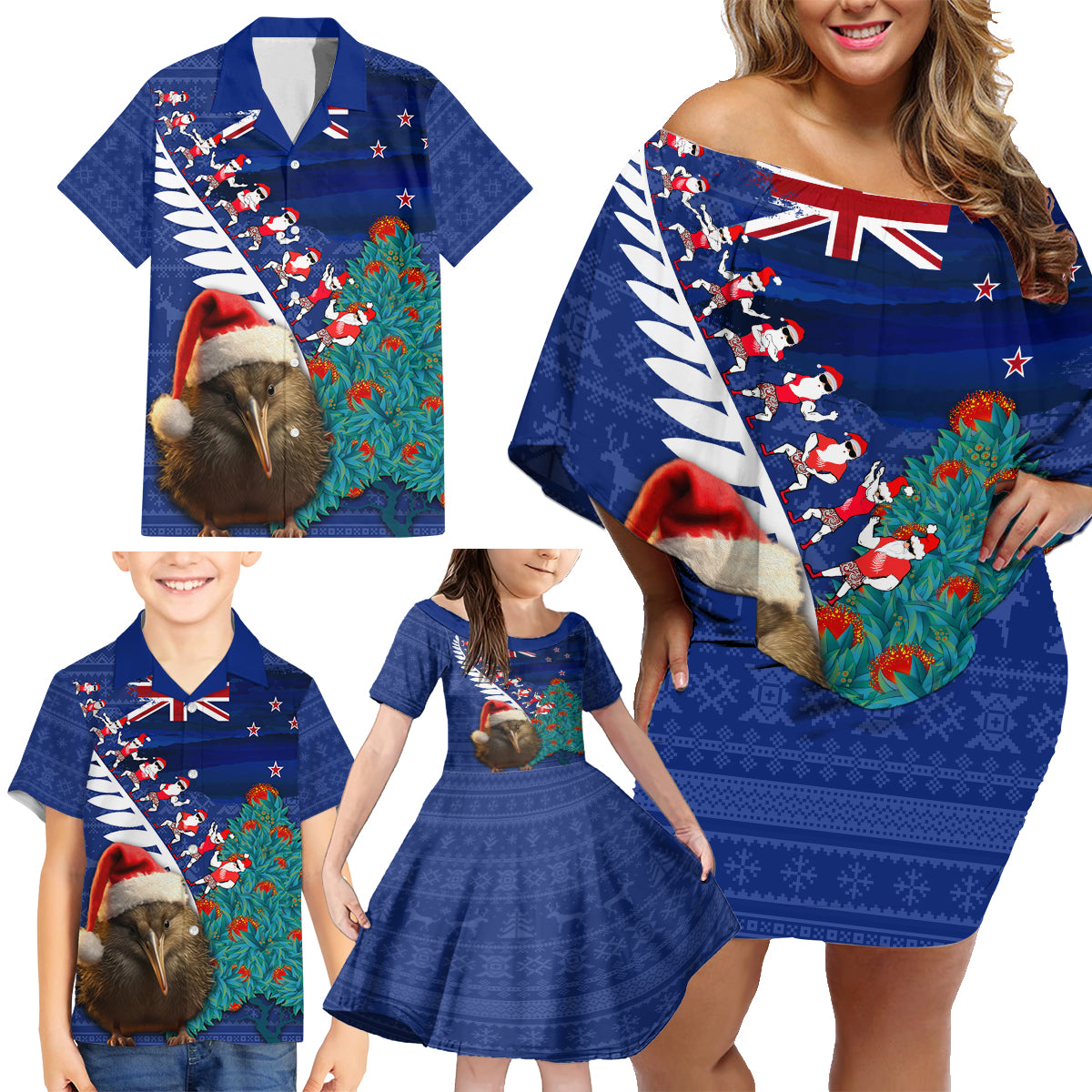 New Zealand Christmas Family Matching Off Shoulder Short Dress and Hawaiian Shirt Kiwi Bird Santa and Silver Fern Funny Haka Dance LT03 - Polynesian Pride