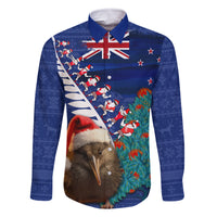 New Zealand Christmas Family Matching Off Shoulder Short Dress and Hawaiian Shirt Kiwi Bird Santa and Silver Fern Funny Haka Dance LT03 Dad's Shirt - Long Sleeve Blue - Polynesian Pride