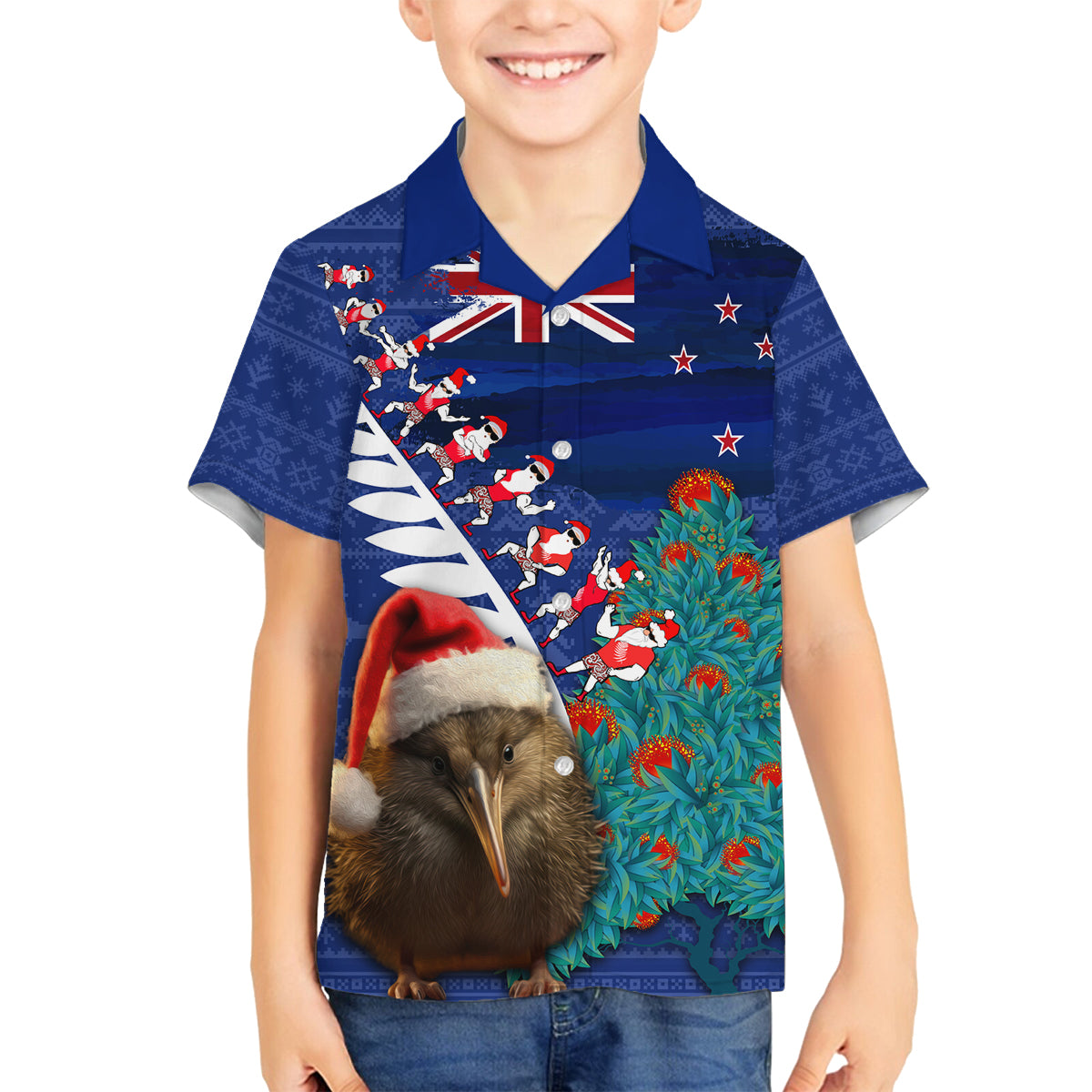 New Zealand Christmas Family Matching Off Shoulder Short Dress and Hawaiian Shirt Kiwi Bird Santa and Silver Fern Funny Haka Dance LT03 Son's Shirt Blue - Polynesian Pride