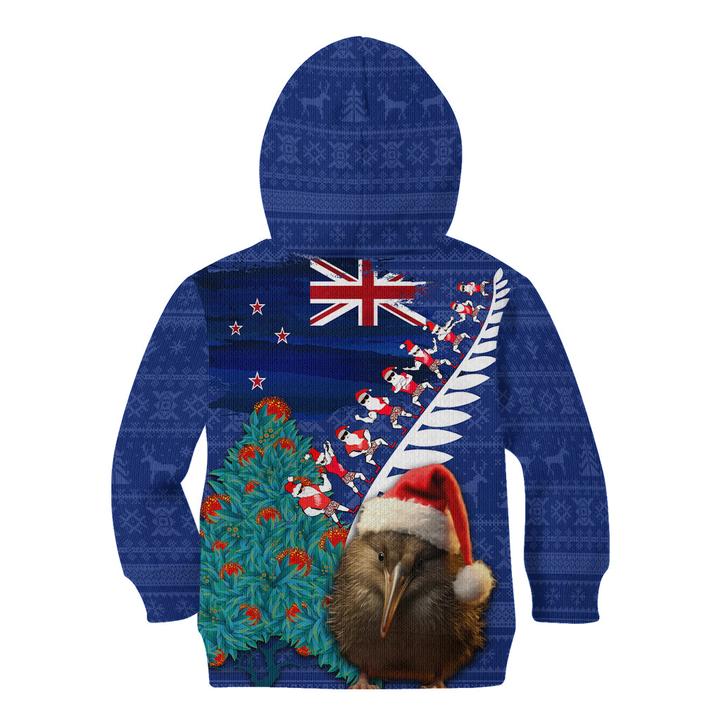 New Zealand Christmas Kid Hoodie Kiwi Bird Santa and Silver Fern Funny Haka Dance