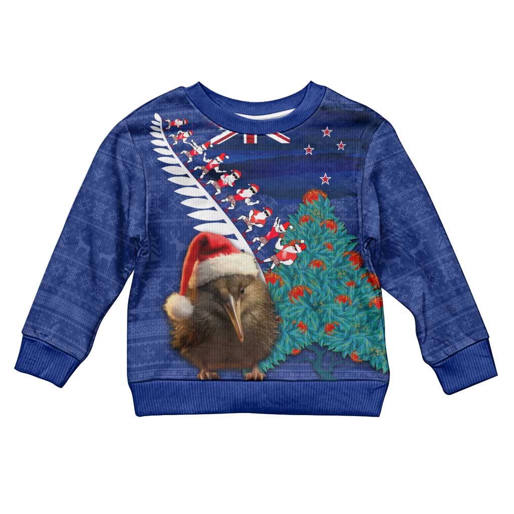 New Zealand Christmas Kid Ugly Christmas Sweater Kiwi Bird Santa and Silver Fern Funny Haka Dance LT03 Kid Blue - Polynesian Pride