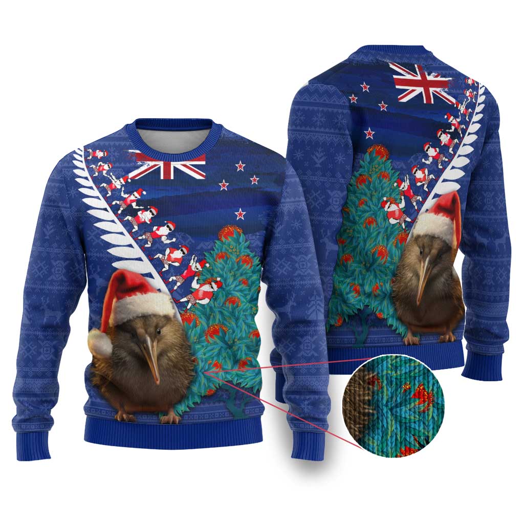 New Zealand Christmas Ugly Christmas Sweater Kiwi Bird Santa and Silver Fern Funny Haka Dance