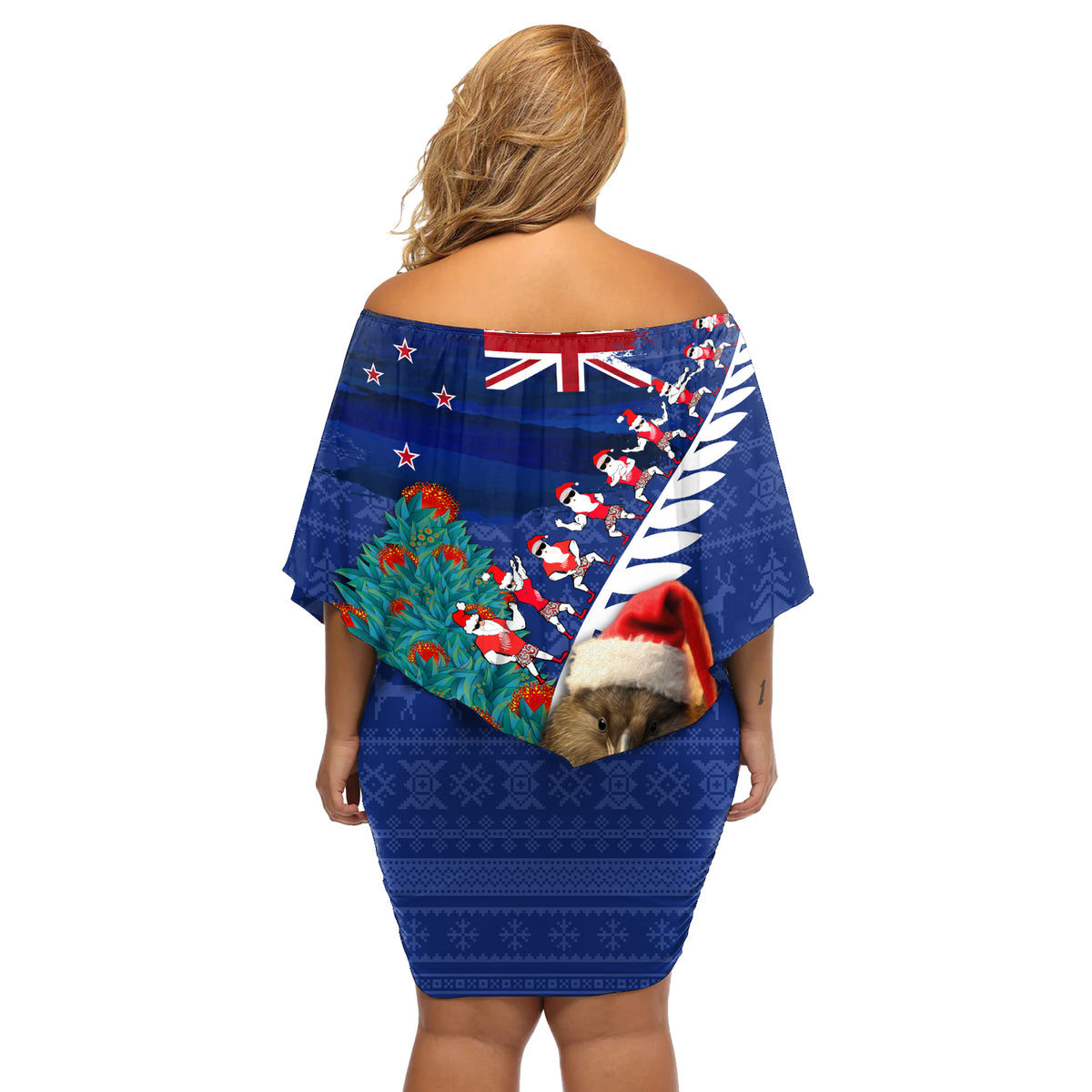 New Zealand Christmas Off Shoulder Short Dress Kiwi Bird Santa and Silver Fern Funny Haka Dance