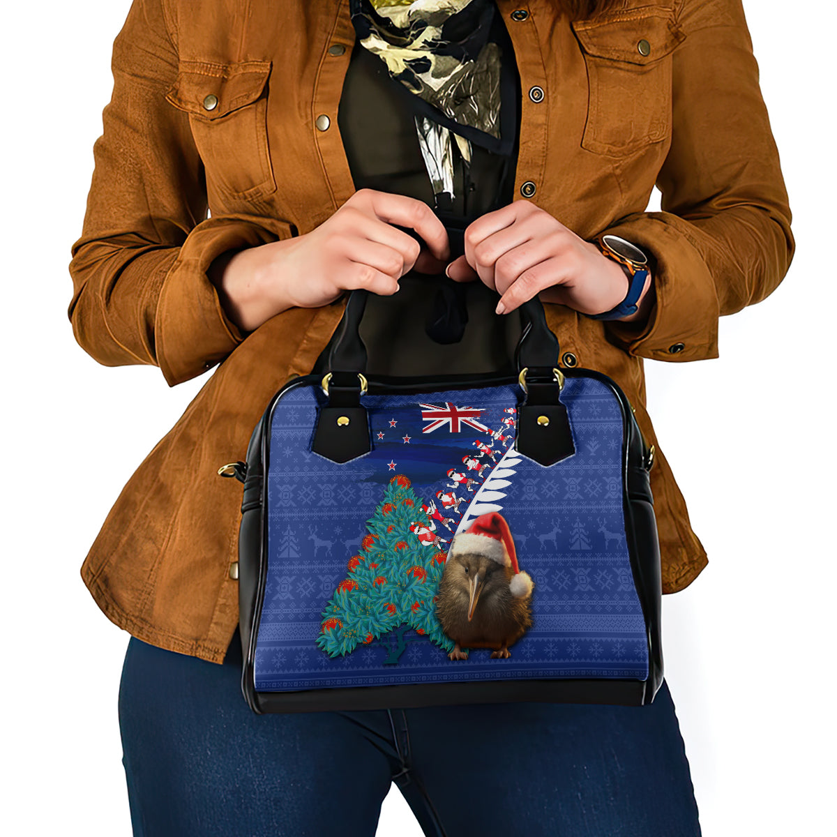 New Zealand Christmas Shoulder Handbag Kiwi Bird Santa and Silver Fern Funny Haka Dance