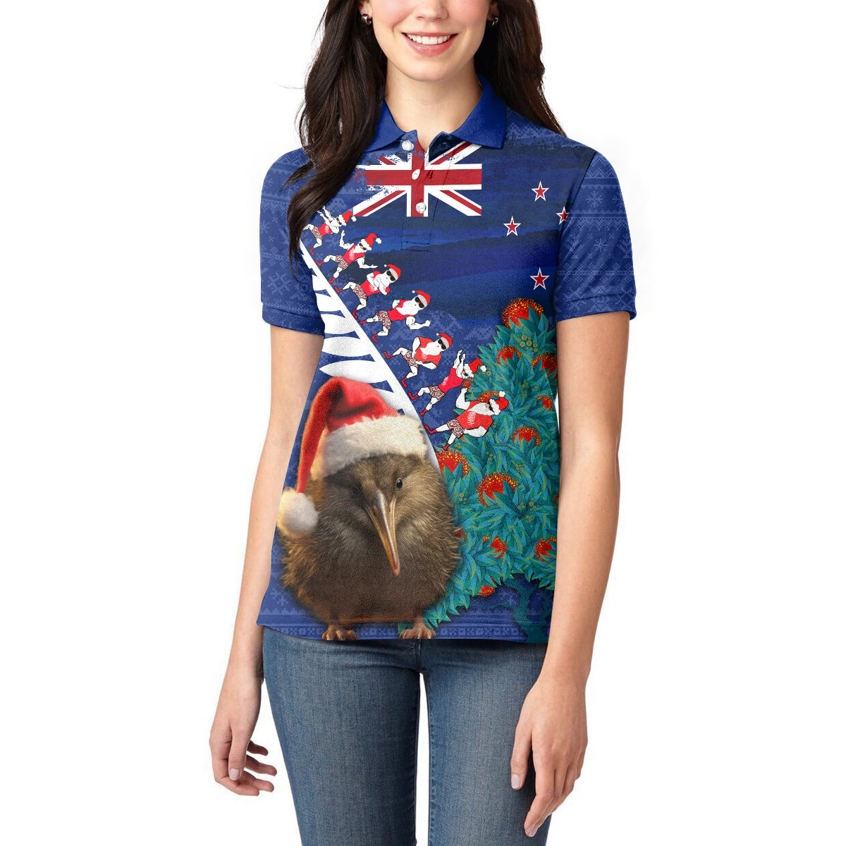 New Zealand Christmas Women Polo Shirt Kiwi Bird Santa and Silver Fern Funny Haka Dance