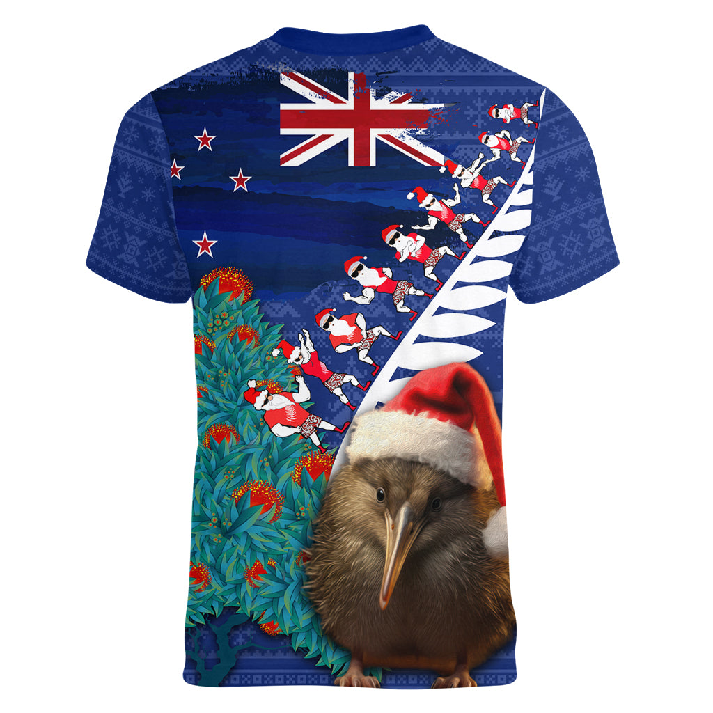 New Zealand Christmas Women V-Neck T-Shirt Kiwi Bird Santa and Silver Fern Funny Haka Dance