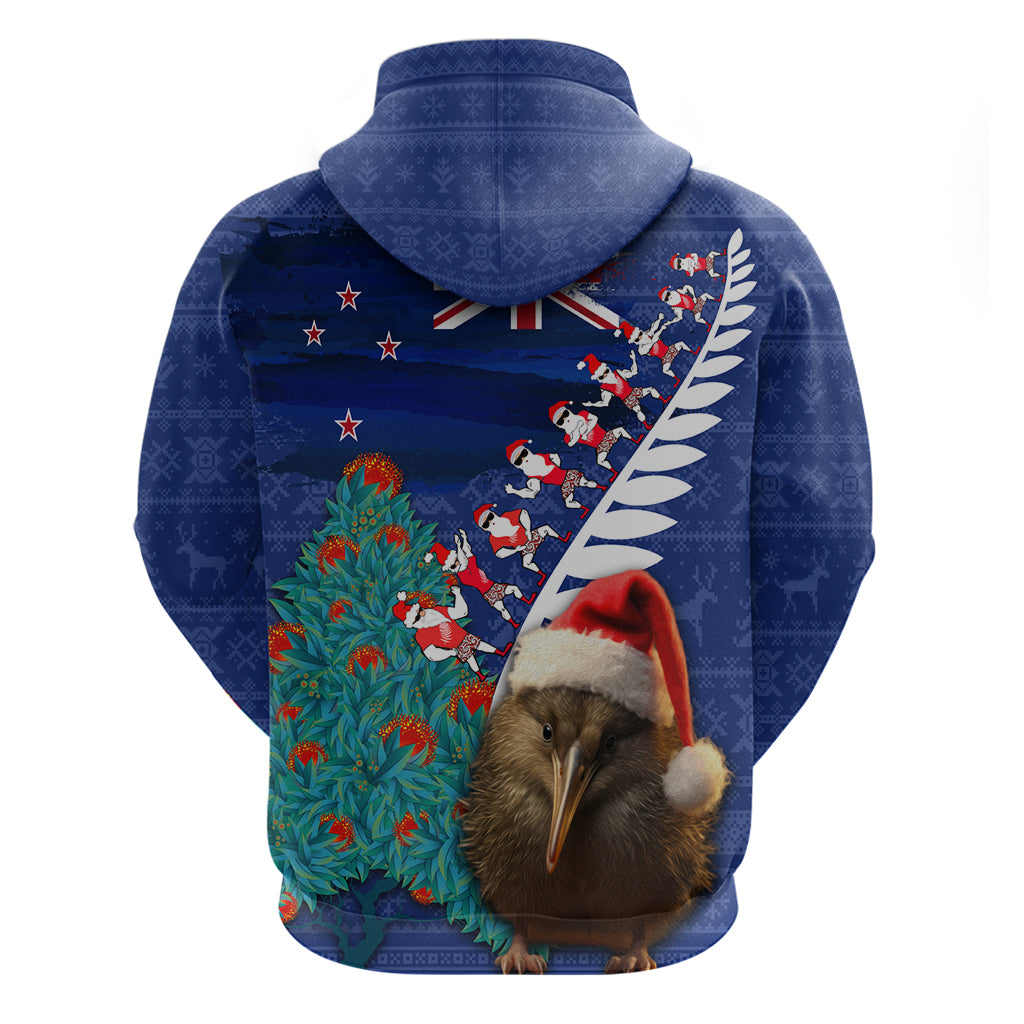 New Zealand Christmas Zip Hoodie Kiwi Bird Santa and Silver Fern Funny Haka Dance