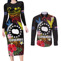 Cook Islands Independence Day Couples Matching Long Sleeve Bodycon Dress and Long Sleeve Button Shirt Maroro and Kakaia with Hibiscus Flower Polynesian Pattern LT03 Black - Polynesian Pride
