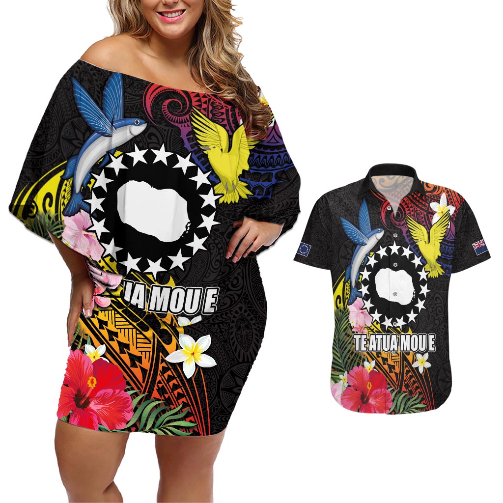 Cook Islands Independence Day Couples Matching Off Shoulder Short Dress and Hawaiian Shirt Maroro and Kakaia with Hibiscus Flower Polynesian Pattern LT03 Black - Polynesian Pride