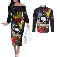 Cook Islands Independence Day Couples Matching Off The Shoulder Long Sleeve Dress and Long Sleeve Button Shirt Maroro and Kakaia with Hibiscus Flower Polynesian Pattern LT03 Black - Polynesian Pride