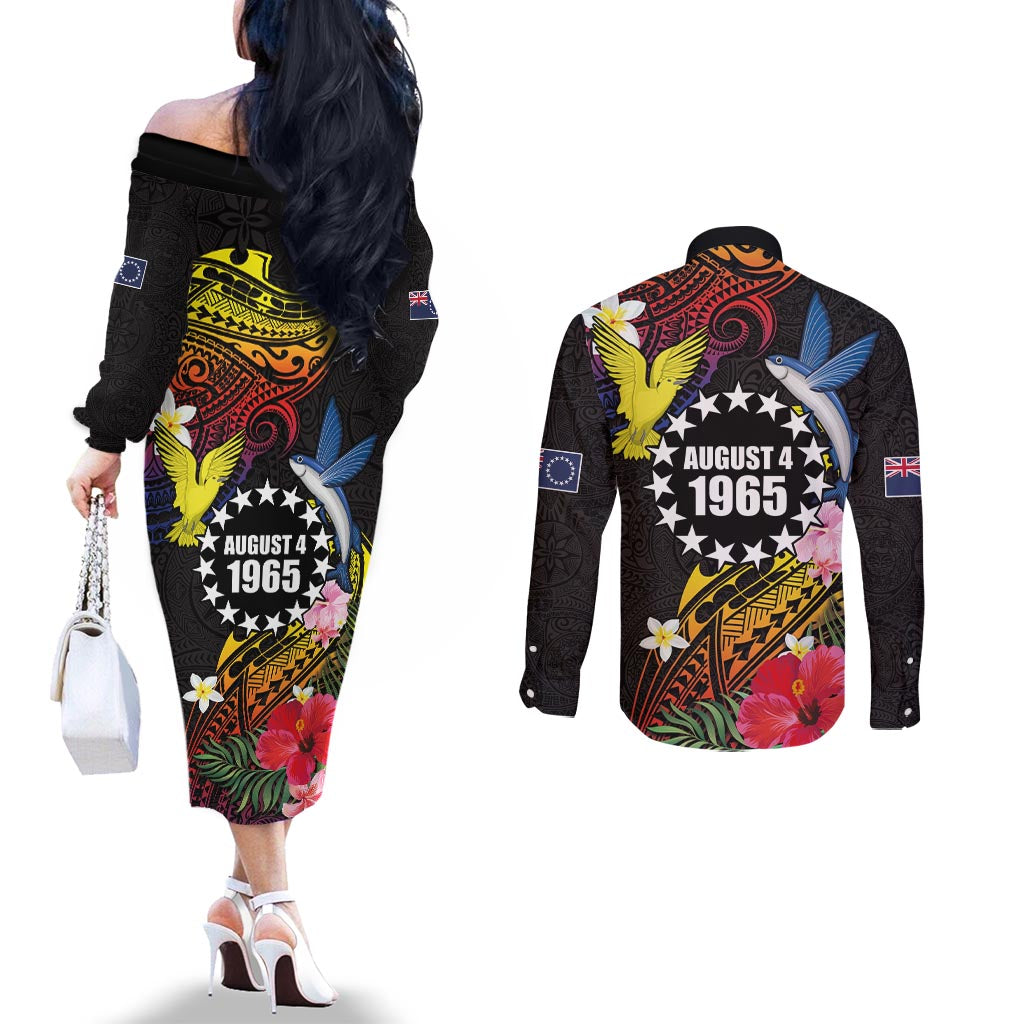 Cook Islands Independence Day Couples Matching Off The Shoulder Long Sleeve Dress and Long Sleeve Button Shirt Maroro and Kakaia with Hibiscus Flower Polynesian Pattern LT03 - Polynesian Pride