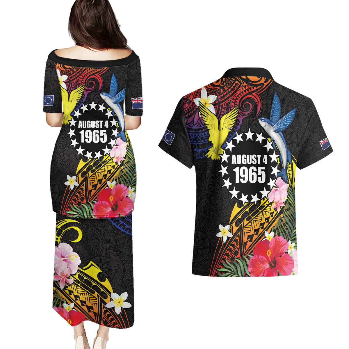 Cook Islands Independence Day Couples Matching Puletasi and Hawaiian Shirt Maroro and Kakaia with Hibiscus Flower Polynesian Pattern LT03 - Polynesian Pride