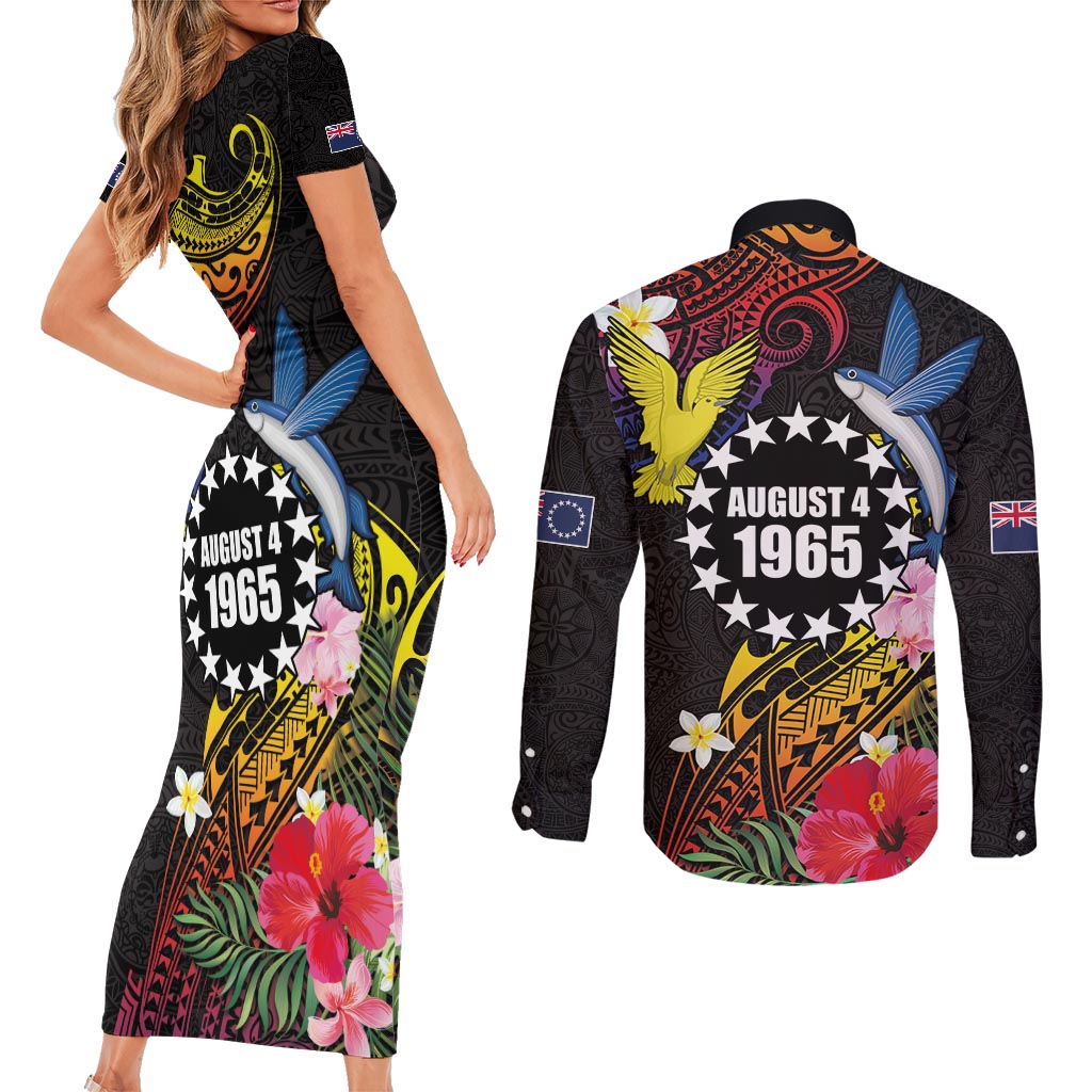 Cook Islands Independence Day Couples Matching Short Sleeve Bodycon Dress and Long Sleeve Button Shirt Maroro and Kakaia with Hibiscus Flower Polynesian Pattern LT03 - Polynesian Pride