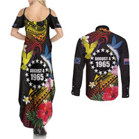 Cook Islands Independence Day Couples Matching Summer Maxi Dress and Long Sleeve Button Shirt Maroro and Kakaia with Hibiscus Flower Polynesian Pattern LT03 - Polynesian Pride