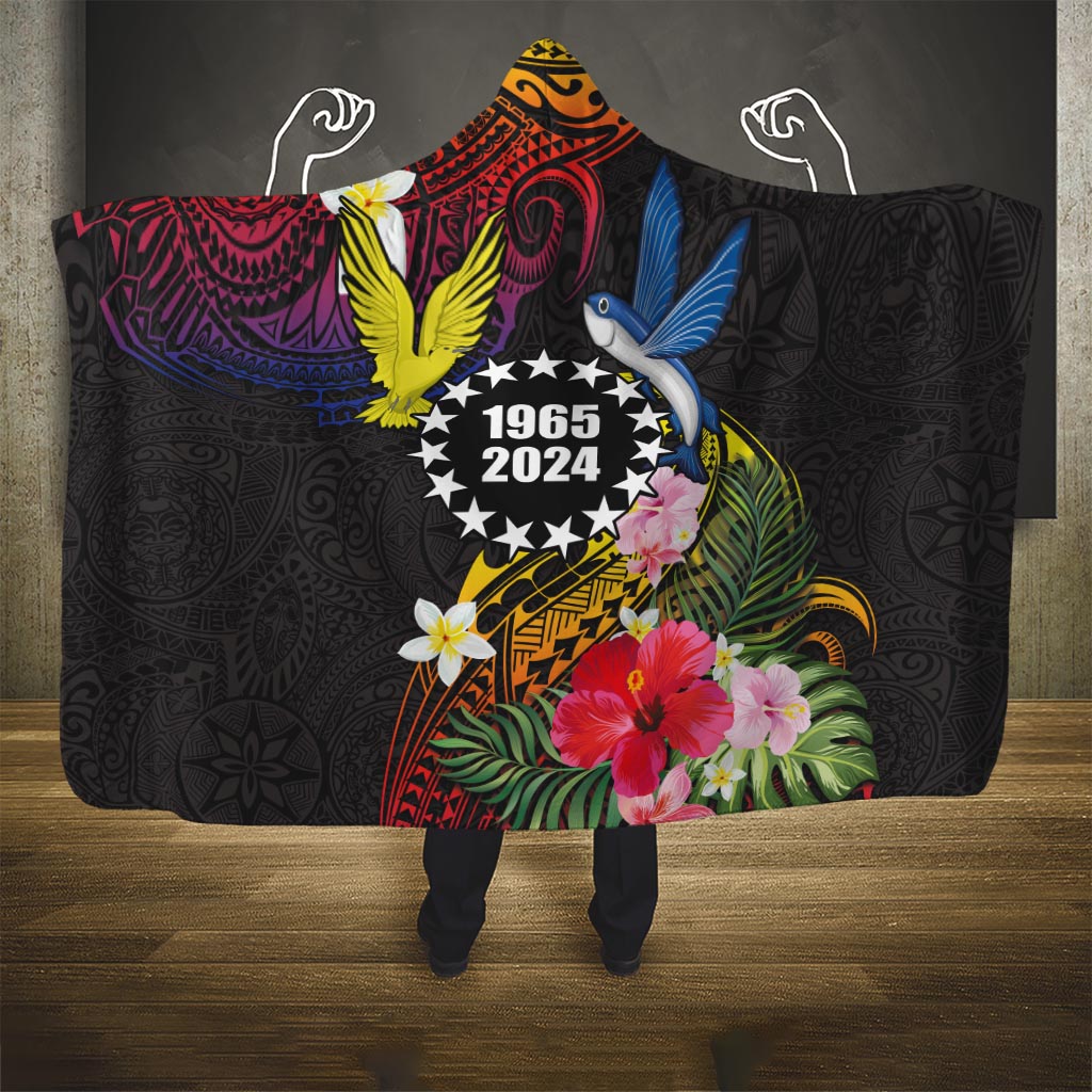 Cook Islands Independence Day Hooded Blanket Maroro and Kakaia with Hibiscus Flower Polynesian Pattern