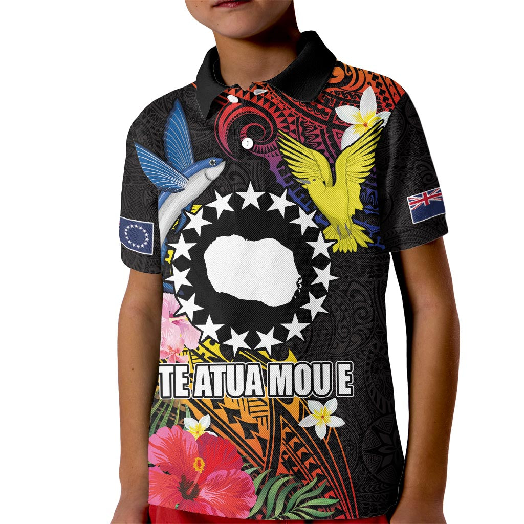 Cook Islands Independence Day Kid Polo Shirt Maroro and Kakaia with Hibiscus Flower Polynesian Pattern LT03 Kid Black - Polynesian Pride