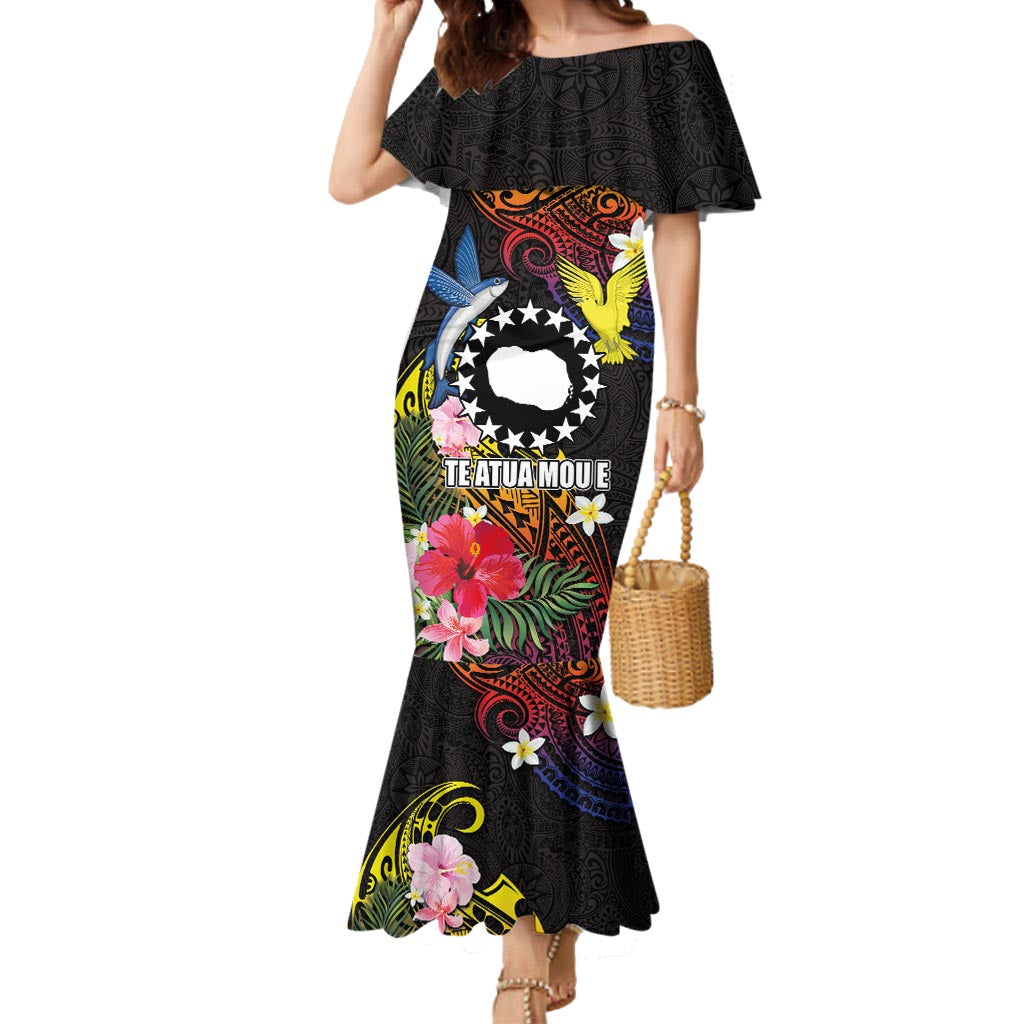 Cook Islands Independence Day Mermaid Dress Maroro and Kakaia with Hibiscus Flower Polynesian Pattern LT03 Women Black - Polynesian Pride