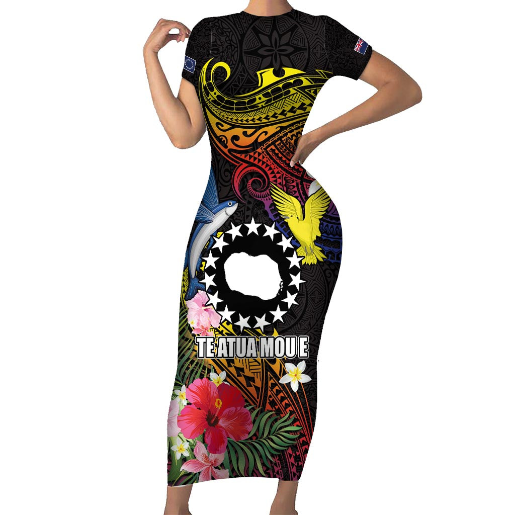 Cook Islands Independence Day Short Sleeve Bodycon Dress Maroro and Kakaia with Hibiscus Flower Polynesian Pattern