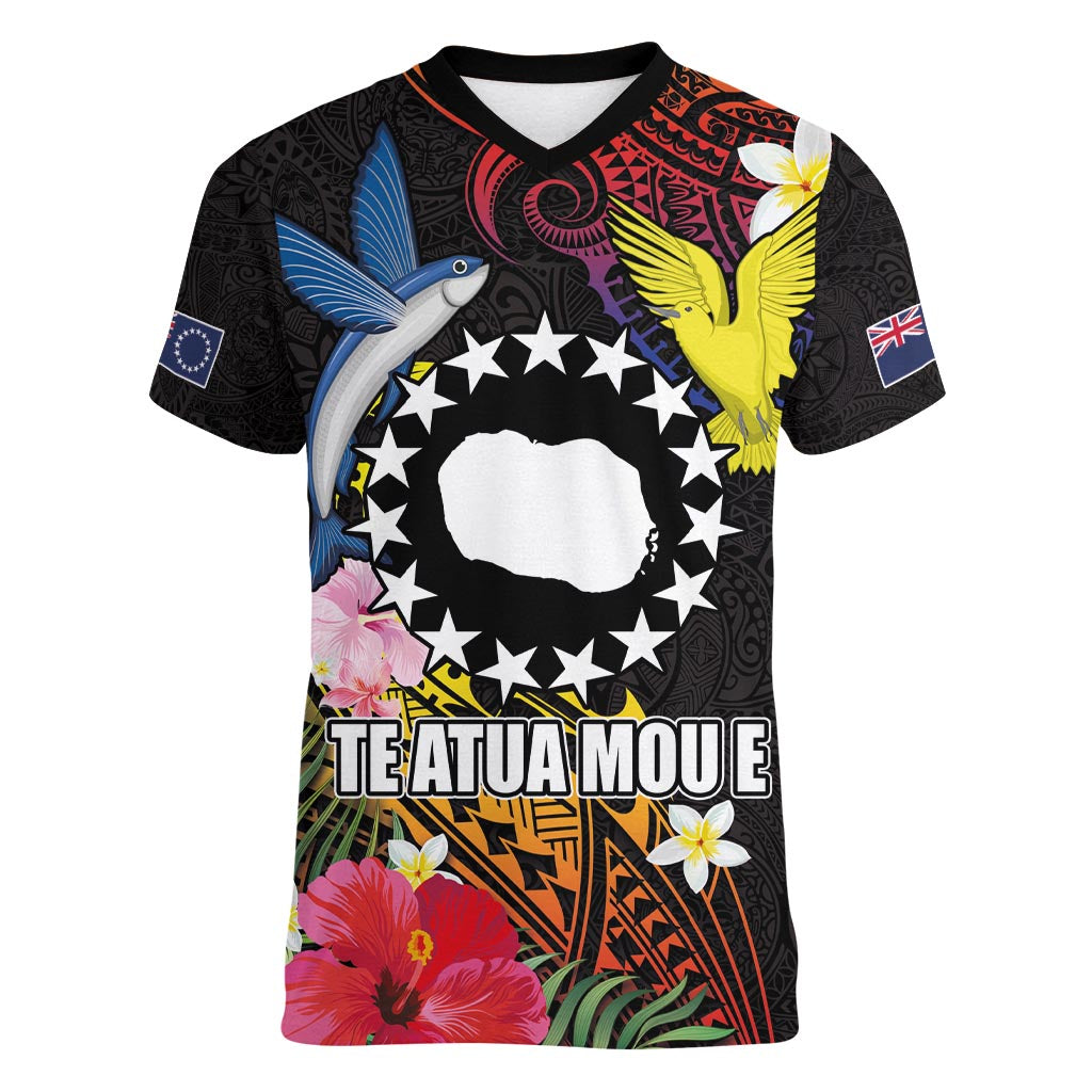 Cook Islands Independence Day Women V-Neck T-Shirt Maroro and Kakaia with Hibiscus Flower Polynesian Pattern LT03 Female Black - Polynesian Pride