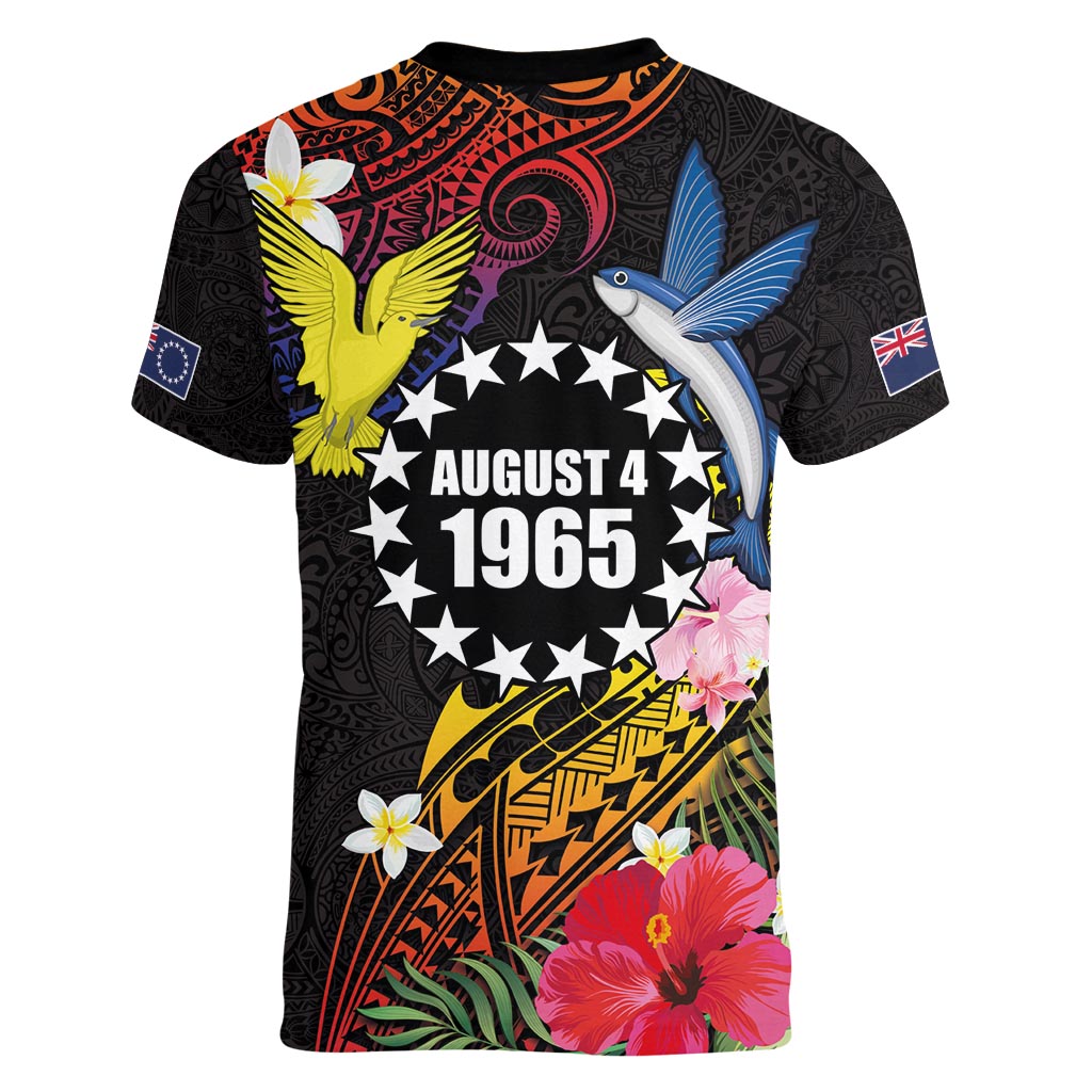 Cook Islands Independence Day Women V-Neck T-Shirt Maroro and Kakaia with Hibiscus Flower Polynesian Pattern LT03 - Polynesian Pride