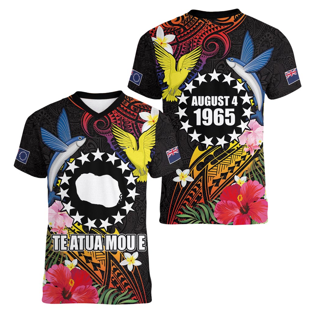 Cook Islands Independence Day Women V-Neck T-Shirt Maroro and Kakaia with Hibiscus Flower Polynesian Pattern LT03 - Polynesian Pride