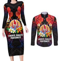 French Polynesia Bastille Day Couples Matching Long Sleeve Bodycon Dress and Long Sleeve Button Shirt Tiare Flower and National Seal Polynesian Pattern LT03 Black - Polynesian Pride