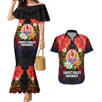 French Polynesia Bastille Day Couples Matching Mermaid Dress and Hawaiian Shirt Tiare Flower and National Seal Polynesian Pattern LT03 Black - Polynesian Pride
