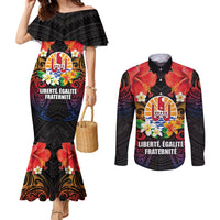 French Polynesia Bastille Day Couples Matching Mermaid Dress and Long Sleeve Button Shirt Tiare Flower and National Seal Polynesian Pattern LT03 Black - Polynesian Pride