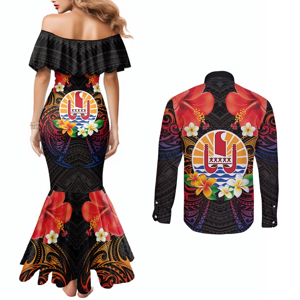 French Polynesia Bastille Day Couples Matching Mermaid Dress and Long Sleeve Button Shirt Tiare Flower and National Seal Polynesian Pattern LT03 - Polynesian Pride