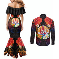 French Polynesia Bastille Day Couples Matching Mermaid Dress and Long Sleeve Button Shirt Tiare Flower and National Seal Polynesian Pattern LT03 - Polynesian Pride