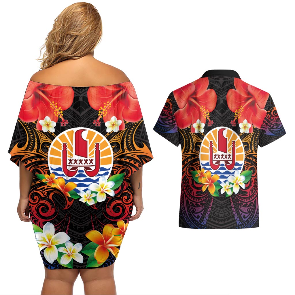 French Polynesia Bastille Day Couples Matching Off Shoulder Short Dress and Hawaiian Shirt Tiare Flower and National Seal Polynesian Pattern LT03 - Polynesian Pride