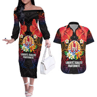 French Polynesia Bastille Day Couples Matching Off The Shoulder Long Sleeve Dress and Hawaiian Shirt Tiare Flower and National Seal Polynesian Pattern LT03 Black - Polynesian Pride
