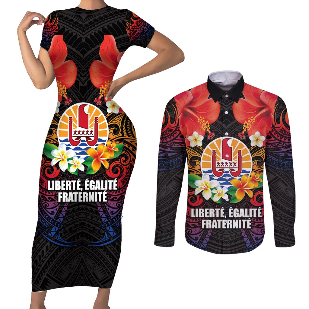 French Polynesia Bastille Day Couples Matching Short Sleeve Bodycon Dress and Long Sleeve Button Shirt Tiare Flower and National Seal Polynesian Pattern LT03 Black - Polynesian Pride