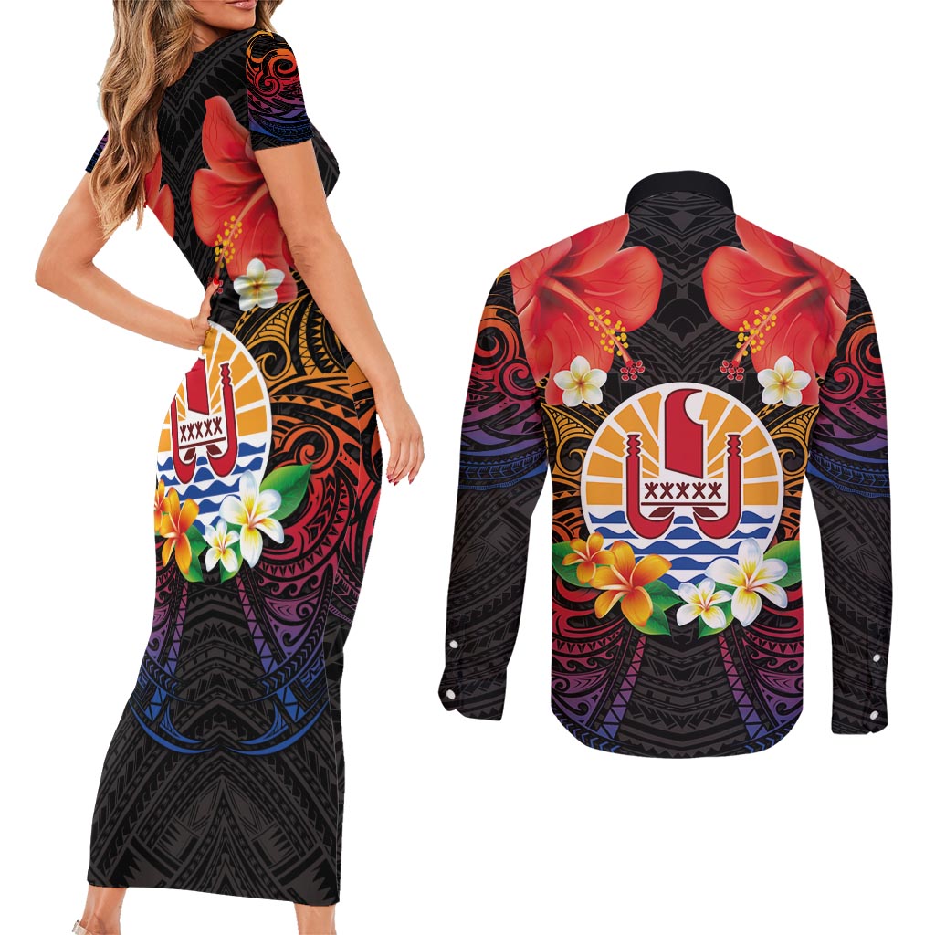 French Polynesia Bastille Day Couples Matching Short Sleeve Bodycon Dress and Long Sleeve Button Shirt Tiare Flower and National Seal Polynesian Pattern LT03 - Polynesian Pride