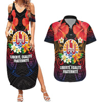 French Polynesia Bastille Day Couples Matching Summer Maxi Dress and Hawaiian Shirt Tiare Flower and National Seal Polynesian Pattern LT03 Black - Polynesian Pride