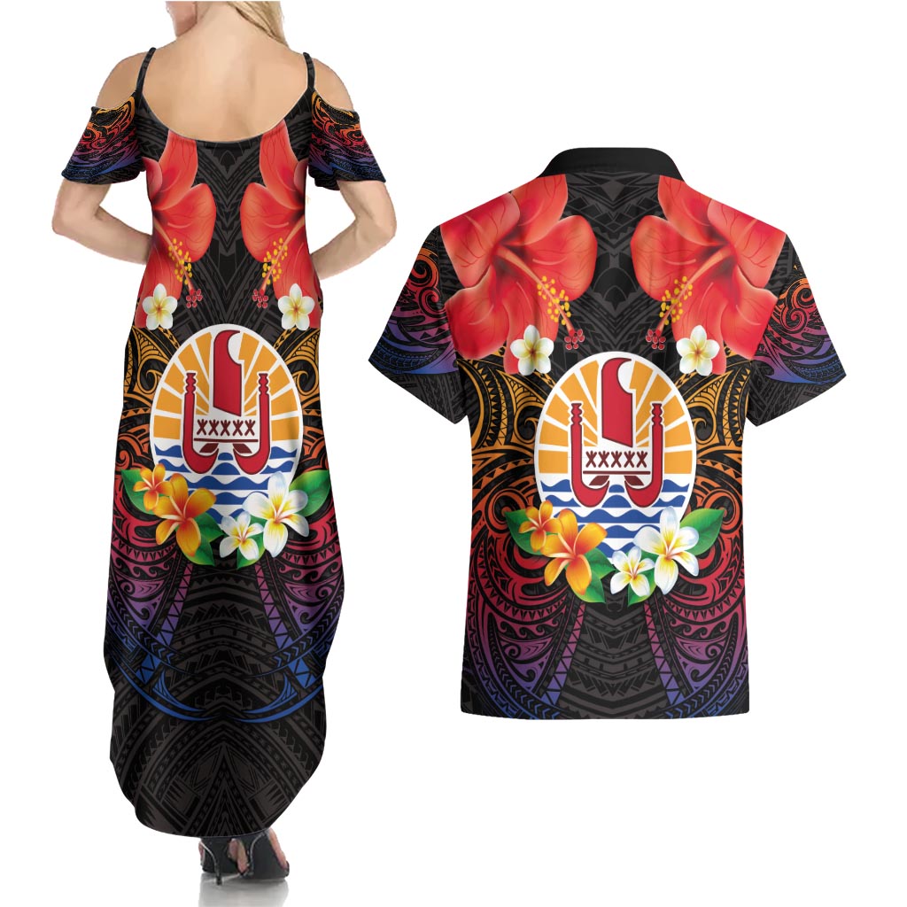French Polynesia Bastille Day Couples Matching Summer Maxi Dress and Hawaiian Shirt Tiare Flower and National Seal Polynesian Pattern LT03 - Polynesian Pride