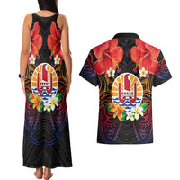 French Polynesia Bastille Day Couples Matching Tank Maxi Dress and Hawaiian Shirt Tiare Flower and National Seal Polynesian Pattern LT03 - Polynesian Pride
