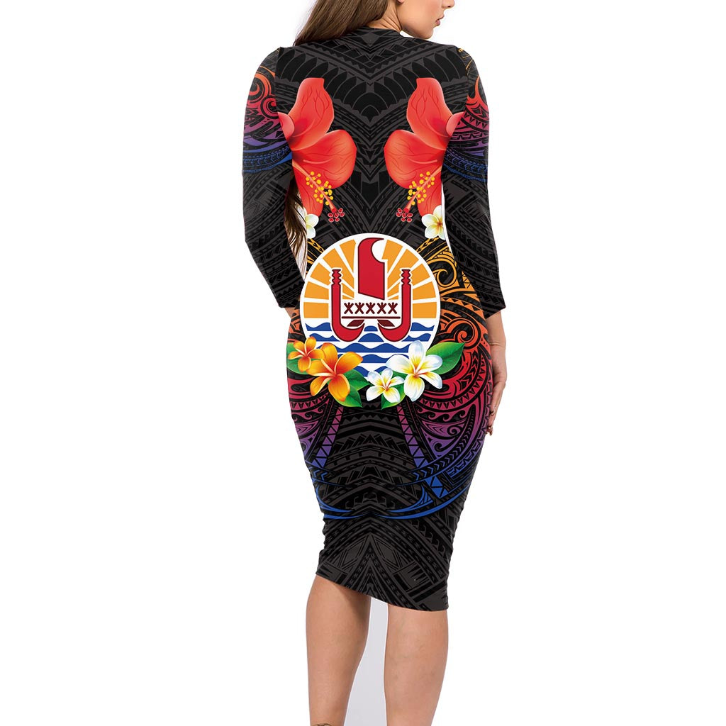 French Polynesia Bastille Day Family Matching Long Sleeve Bodycon Dress and Hawaiian Shirt Tiare Flower and National Seal Polynesian Pattern