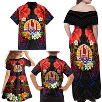 French Polynesia Bastille Day Family Matching Off Shoulder Maxi Dress and Hawaiian Shirt Tiare Flower and National Seal Polynesian Pattern LT03 - Polynesian Pride