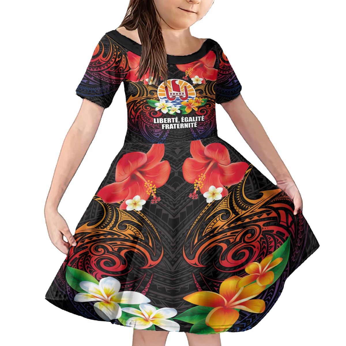 French Polynesia Bastille Day Family Matching Puletasi and Hawaiian Shirt Tiare Flower and National Seal Polynesian Pattern LT03 Daughter's Dress Black - Polynesian Pride