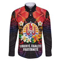 French Polynesia Bastille Day Family Matching Puletasi and Hawaiian Shirt Tiare Flower and National Seal Polynesian Pattern LT03 Dad's Shirt - Long Sleeve Black - Polynesian Pride