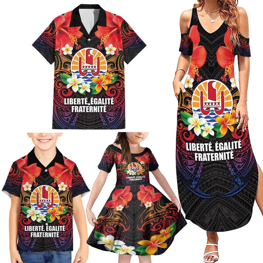 French Polynesia Bastille Day Family Matching Summer Maxi Dress and Hawaiian Shirt Tiare Flower and National Seal Polynesian Pattern LT03 - Polynesian Pride