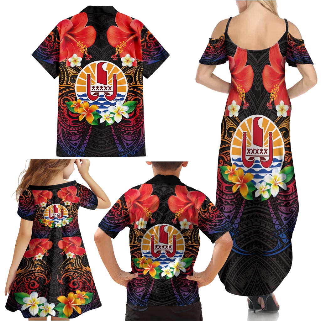 French Polynesia Bastille Day Family Matching Summer Maxi Dress and Hawaiian Shirt Tiare Flower and National Seal Polynesian Pattern LT03 - Polynesian Pride