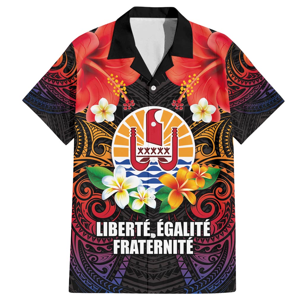 French Polynesia Bastille Day Family Matching Summer Maxi Dress and Hawaiian Shirt Tiare Flower and National Seal Polynesian Pattern LT03 Dad's Shirt - Short Sleeve Black - Polynesian Pride