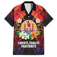 French Polynesia Bastille Day Family Matching Summer Maxi Dress and Hawaiian Shirt Tiare Flower and National Seal Polynesian Pattern LT03 Dad's Shirt - Short Sleeve Black - Polynesian Pride
