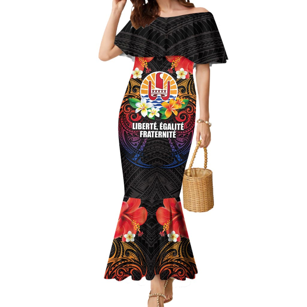 French Polynesia Bastille Day Mermaid Dress Tiare Flower and National Seal Polynesian Pattern LT03 Women Black - Polynesian Pride