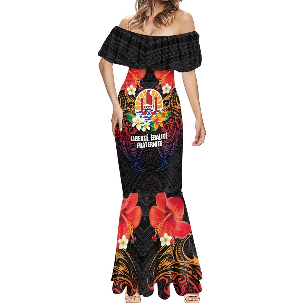 French Polynesia Bastille Day Mermaid Dress Tiare Flower and National Seal Polynesian Pattern LT03 - Polynesian Pride